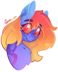 Size: 999x1245 | Tagged: safe, artist:trashpanda czar, derpibooru import, oc, oc:fluorescent mirage, unofficial characters only, pony, body markings, bust, chest fluff, ear fluff, female, gradient mane, image, long hair, long mane, looking at you, mare, png, portrait, simple background, smiling, transparent background