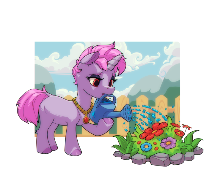 Size: 2500x2000 | Tagged: safe, artist:gor1ck, derpibooru import, oc, oc:samantha mosely, unofficial characters only, unicorn, commission, female, fence, flower, horn, image, jewelry, necklace, png, simple background, solo, transparent background, watering can, ych result