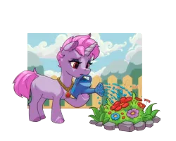 Size: 2500x2000 | Tagged: safe, artist:gor1ck, derpibooru import, oc, oc:samantha mosely, unofficial characters only, unicorn, commission, female, fence, flower, horn, image, jewelry, necklace, png, simple background, solo, transparent background, watering can, ych result