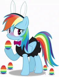 Size: 720x938 | Tagged: safe, artist:anime-equestria, derpibooru import, rainbow dash, pegasus, pony, blushing, bunny ears, easter, easter bunny, easter egg, holiday, hoof hold, image, implied egg laying, jpeg, rainbow dash always dresses in style, rainbow egg, raised hoof, solo