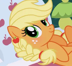 Size: 1335x1220 | Tagged: safe, artist:cstrawberrymilk, derpibooru import, applejack, earth pony, pony, alternate hairstyle, blushing, braid, female, g4, hooves to the chest, image, jpeg, mare, solo