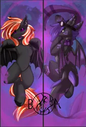 Size: 614x907 | Tagged: safe, artist:beardie, derpibooru import, oc, oc:raven stargazer, oc:remnant, bat pony, original species, shark, shark pony, black sclera, body pillow, clothes, goggles, image, looking at you, looking back, looking back at you, markings, png, scarf