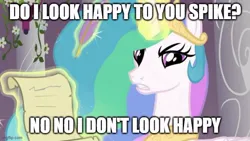 Size: 666x375 | Tagged: safe, derpibooru import, edit, edited screencap, screencap, princess celestia, alicorn, the crystal empire, angry, caption, g4, image, image macro, imgflip, jpeg, meme, quill, scroll, solo, text, writing