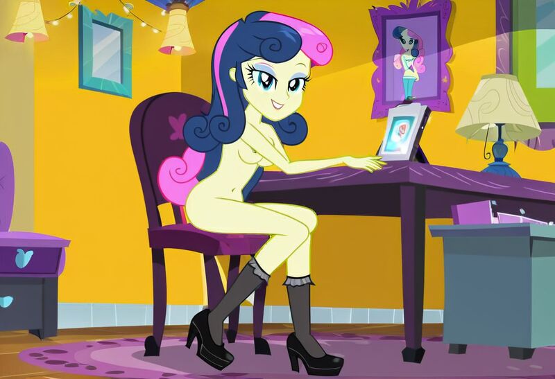 Size: 1216x832 | Tagged: questionable, ai content, machine learning generated, stable diffusion, bon bon, sweetie drops, human, equestria girls, bedroom, black high heels, black socks, busty bon bon, desk, flirty, inviting, jpeg, lamp, nudity, seductive pose, sexy, sitting in chair, smiling, solo, trash can