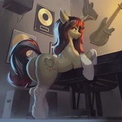 Size: 3000x3000 | Tagged: suggestive, artist:nsilverdraws, derpibooru import, oc, oc:elusive heart, pony, unicorn, ass, backbend, butt, female, guitar, horn, image, looking back, mare, musical instrument, piano, plot, png, solo