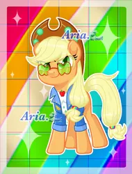 Size: 2419x3187 | Tagged: safe, artist:shangshanruoshui24400, derpibooru import, applejack, earth pony, pony, applejack's festival hat, applejack's sunglasses, clothes, female, image, mare, music festival outfit, png, rainbow background, solo, sparkles, sunglasses, text