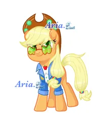Size: 2419x3187 | Tagged: safe, alternate version, artist:shangshanruoshui24400, derpibooru import, applejack, earth pony, pony, applejack's festival hat, applejack's sunglasses, clothes, female, image, mare, music festival outfit, png, simple background, solo, sunglasses, text, white background