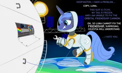 Size: 1500x900 | Tagged: safe, artist:nuclearsuplexattack, derpibooru import, princess luna, alicorn, earth, g4, image, orbital friendship cannon, png, s1 luna, space, space station, sun, wrench