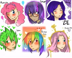 Size: 700x571 | Tagged: artist needed, safe, derpibooru import, fluttershy, pinkie pie, rainbow dash, rarity, spike, twilight sparkle, human, blushing, elf ears, g4, glasses, humanized, image, jpeg