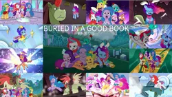Size: 1952x1099 | Tagged: safe, derpibooru import, edit, edited screencap, editor:quoterific, screencap, hitch trailblazer, izzy moonbow, pipp petals, sparky sparkeroni, sunny starscout, zipp storm, g5, my little pony: tell your tale, spoiler:g5, spoiler:my little pony: tell your tale, applejack (g5), bunny ears, buried in a good book, fluttershy (g5), image, mane five, mane six (g5), misty brightdawn, pinkie pie (g5), png, rainbow dash (g5), rarity (g5), twilight sparkle (g5)