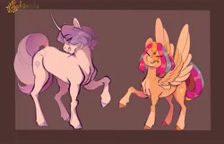 Size: 1985x1276 | Tagged: safe, artist:sabiwabii, derpibooru import, oc, oc:moonstone, oc:party favor, pegasus, pony, unicorn, border, brown background, coat markings, duo, duo female, eye clipping through hair, eyebrows, eyebrows visible through hair, eyes closed, female, height difference, horn, image, jpeg, magical lesbian spawn, mare, offspring, open mouth, open smile, pale belly, parent:pinkie pie, parent:rainbow dash, parents:pinkiedash, simple background, smiling, socks (coat marking), spread wings, wings