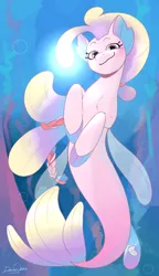 Size: 2387x4132 | Tagged: safe, artist:daisy_marshmallow, derpibooru import, sea pony, seapony (g4), g5, absurd resolution, bioluminescent, blue background, blushing, bubble, coral, crepuscular rays, destiny (g5), digital art, dorsal fin, female, fin, fin wings, fins, fish tail, floppy ears, flowing mane, flowing tail, glow, image, looking at you, ocean, pink eyes, png, scales, seaweed, signature, simple background, smiling, smiling at you, smirk, solo, solo female, sunlight, swimming, tail, underwater, water, wings