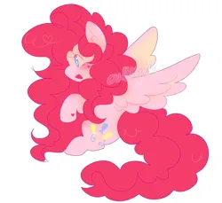 Size: 1564x1432 | Tagged: safe, artist:cutiesparke, derpibooru import, pinkie pie, pegasus, pony, :d, blushing, ear fluff, female, g4, hoof heart, image, lightly watermarked, long hair, long mane, open mouth, open smile, pegasus pinkie pie, png, race swap, simple background, sitting, smiling, solo, spread wings, underhoof, watermark, white background, wings