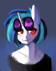 Size: 620x786 | Tagged: safe, artist:idlyabetteliina, derpibooru import, vinyl scratch, anthro, pony, unicorn, blue background, bust, clothes, female, g4, glasses, glow, glowing eyes, horn, image, looking at you, mare, png, shirt, signature, simple background, smiling, smiling at you, solo, t-shirt, tongue out, vinyl's glasses, wrong eye color
