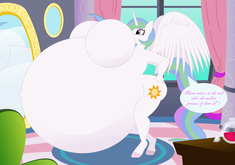 Size: 2481x1749 | Tagged: suggestive, artist:duragan, derpibooru import, princess celestia, alicorn, anthro, unguligrade anthro, belly, belly expansion, big belly, big breasts, blimpestia, breast expansion, breasts, canterlot, growth, hand on hip, huge belly, huge breasts, image, impossibly large belly, impossibly large breasts, inflation, mirror, png, potion, reflection, talking to herself