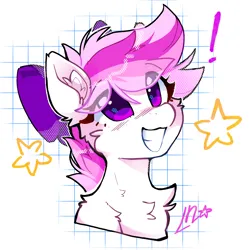 Size: 2048x2048 | Tagged: safe, artist:lunylin, derpibooru import, oc, oc:perfect rays, unofficial characters only, pegasus, pony, bow, bust, chest fluff, cute, exclamation point, female, hair bow, image, png, signature, simple background, smiling, solo