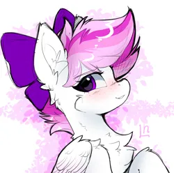 Size: 7000x6937 | Tagged: safe, artist:lunylin, derpibooru import, oc, oc:perfect rays, unofficial characters only, pegasus, pony, bow, bust, chest fluff, colored wings, female, hair bow, image, looking at you, png, side view, simple background, solo, wings