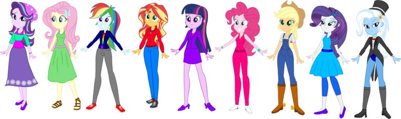 Size: 4028x1205 | Tagged: safe, artist:invisibleink, artist:tylerajohnson352, derpibooru import, applejack, fluttershy, pinkie pie, rainbow dash, rarity, starlight glimmer, sunset shimmer, trixie, twilight sparkle, equestria girls, beanie, beanie hat, belt, blouse, boots, bowtie, business suit, clothes, converse, cowboy boots, cowboy hat, denim, dress, feet, flats, g4, gown, hat, high heels, hoodie, image, jacket, jeans, jewelry, leather, leather jacket, leggings, long skirt, magician, magician outfit, necklace, overalls, pants, png, sandals, shirt, shoes, short shirt, simple background, skirt, stocking feet, tanktop, transparent background, trenchcoat, tuxedo, waistband, wristband, zipper