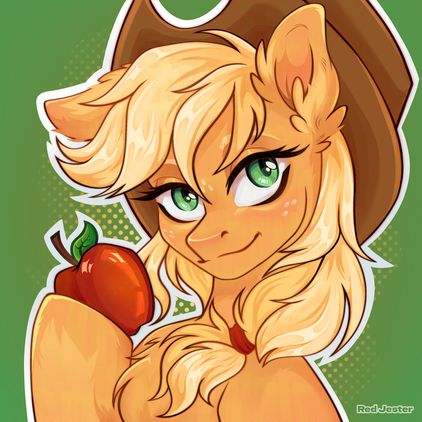 Size: 3072x3072 | Tagged: safe, artist:redjester, derpibooru import, applejack, earth pony, pony, apple, applejack's hat, chest fluff, cowboy hat, ear fluff, female, food, freckles, g4, green background, green eyes, hat, icon, image, mare, png, simple background, solo