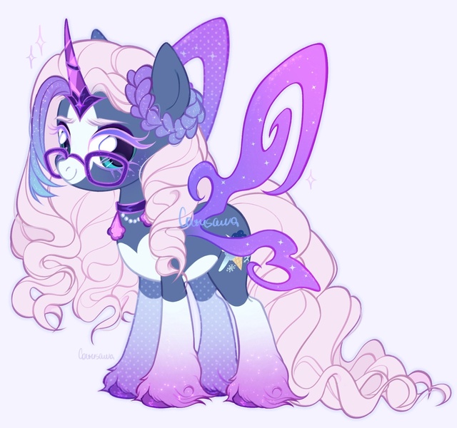 Size: 1877x1761 | Tagged: safe, artist:catusawa, derpibooru import, oc, oc:cassiopeia, unofficial characters only, pony, unicorn, auroricorn, blaze (coat marking), choker, closed mouth, coat markings, colored eyelashes, colored hooves, crystal horn, curly hair, curly tail, eyebrows, facial markings, fairy wings, female, glasses, gradient legs, gradient mane, high res, horn, image, jewelry, jpeg, long fetlocks, looking up, mare, pale belly, simple background, sketch, smiling, socks (coat marking), solo, standing, tail, teal eyes, unshorn fetlocks, white belly, wings