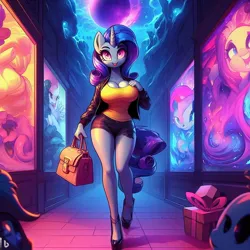 Size: 1024x1024 | Tagged: safe, ai content, derpibooru import, machine learning generated, rarity, anthro, unicorn, adorasexy, bag, big breasts, breasts, busty rarity, cleavage, clothes, curvy, cute, female, female focus, hallway, handbag, high heels, horn, hourglass figure, image, jacket, jpeg, looking at you, mysterious, open mouth, present, prompter:horselover fat, purse, sexy, shoes, shorts, smiling, smiling at you, solo focus, surreal, tanktop, tiled floor, walking, walking towards you, weird, wide hips