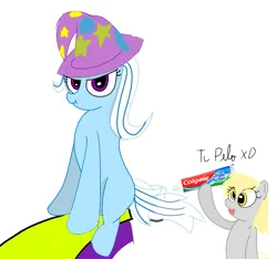 Size: 955x894 | Tagged: safe, derpibooru import, derpy hooves, trixie, pegasus, pony, unicorn, clothes, hat, horn, image, png, silly, trixie's hat
