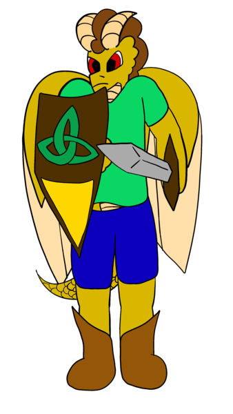 Size: 2160x3840 | Tagged: safe, artist:acid flask, derpibooru import, oc, oc:gilded knight (larkyn), dragon, boots, celtic, clothes, determined, digital art, green shirt, horns, image, irish, male, png, shield, shoes, shorts, spread wings, sword, tail, weapon, wings