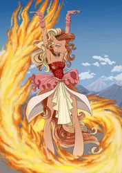 Size: 600x849 | Tagged: safe, artist:baby-blue-bell, derpibooru import, part of a set, oc, unnamed oc, unofficial characters only, anthro, earth pony, unguligrade anthro, arm warmers, arms in the air, bodice, choker, clothes, female, fire, image, jpeg, lidded eyes, looking at you, mountain, skinny, skirt, solo, standing, thin