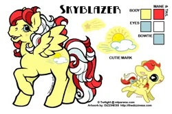 Size: 600x400 | Tagged: safe, artist:dizziness, derpibooru import, oc, oc:skyblazer, unofficial characters only, pegasus, pony, g1, 2010, bow, cheek cutie mark, chibi, color palette, commission, female, image, mare, mlp arena, open mouth, open smile, pegasus oc, png, raised hoof, reference sheet, simple background, smiling, solo, spread wings, standing, tail, tail bow, white background, wings