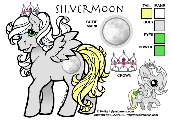 Size: 600x424 | Tagged: safe, artist:dizziness, derpibooru import, oc, oc:silvermoon, unofficial characters only, pegasus, pony, g1, 2010, bow, chibi, color palette, commission, crown, female, image, jewelry, mare, mlp arena, pegasus oc, png, reference sheet, regalia, simple background, solo, spread wings, standing, tail, tail bow, white background, wings