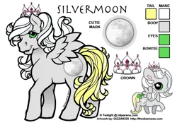 Size: 600x424 | Tagged: safe, artist:dizziness, derpibooru import, oc, oc:silvermoon, unofficial characters only, pegasus, pony, g1, 2010, bow, chibi, color palette, commission, crown, female, image, jewelry, mare, mlp arena, pegasus oc, png, reference sheet, regalia, simple background, solo, spread wings, standing, tail, tail bow, white background, wings
