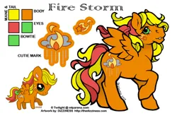 Size: 600x400 | Tagged: safe, artist:dizziness, derpibooru import, oc, oc:fire storm, unofficial characters only, pegasus, pony, g1, 2010, bow, cheek cutie mark, chibi, color palette, commission, female, image, mare, mlp arena, pegasus oc, png, raised hoof, reference sheet, simple background, solo, spread wings, tail, tail bow, white background, wings