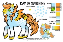 Size: 600x400 | Tagged: safe, artist:dizziness, derpibooru import, oc, oc:ray of sunshine, unofficial characters only, pegasus, pony, twinkle eyed pony, g1, 2010, appaloosa, bow, chibi, coat markings, color palette, colored hooves, colored wings, commission, female, gem eyes, gradient ears, gradient legs, gradient muzzle, gradient wings, image, lying down, mare, mlp arena, multicolored wings, pegasus oc, png, raised hoof, reference sheet, simple background, socks (coat marking), solo, spread wings, tail, tail bow, twinkle eyed pony oc, unshorn fetlocks, white background, wings