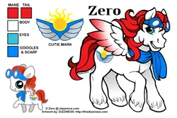 Size: 600x400 | Tagged: safe, artist:dizziness, derpibooru import, oc, oc:zero, unofficial characters only, pegasus, pony, g1, 2010, chibi, clothes, color palette, colored wings, commission, goggles, goggles on head, gradient wings, grin, image, male, mlp arena, pegasus oc, png, raised hoof, reference sheet, scarf, simple background, smiling, solo, stallion, unshorn fetlocks, white background, wings