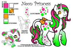 Size: 600x400 | Tagged: safe, artist:dizziness, derpibooru import, oc, oc:neon princess, unofficial characters only, pony, twinkle eyed pony, unicorn, g1, 2010, bow, chibi, cloven hooves, color palette, commission, female, freckles, gem eyes, gradient legs, horn, image, leonine tail, mare, mlp arena, neon, open mouth, open smile, png, raised hoof, reference sheet, simple background, smiling, solo, tail, tail bow, twinkle eyed pony oc, unicorn oc, white background