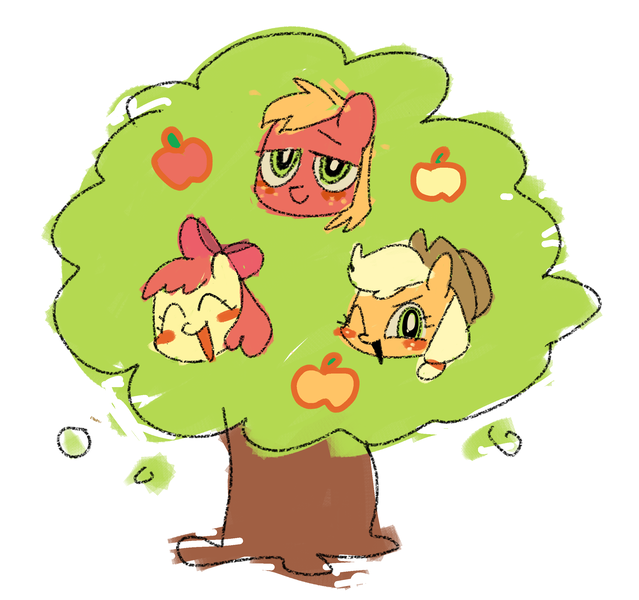 Size: 2445x2297 | Tagged: safe, artist:xiaokuai43197, derpibooru import, apple bloom, applejack, big macintosh, earth pony, pony, apple, apple siblings, apple sisters, blushing, brother and sister, female, filly, foal, food, image, looking at you, male, mare, one eye closed, open mouth, png, siblings, simple background, sisters, smiling, stallion, tree, white background, wink