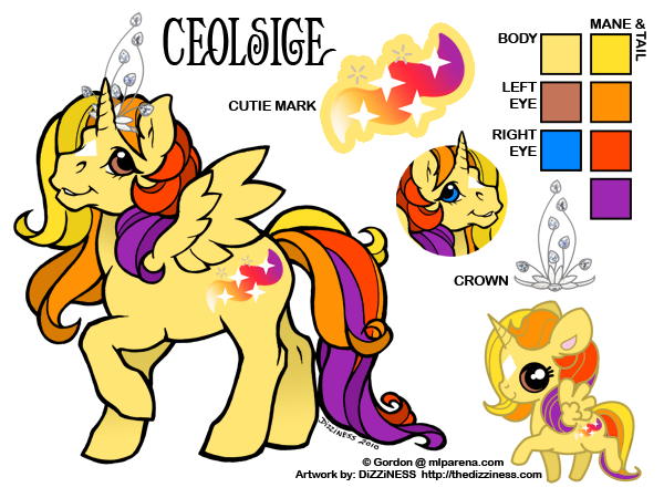 Size: 600x450 | Tagged: safe, artist:dizziness, derpibooru import, oc, oc:ceolsige, unofficial characters only, alicorn, pony, g1, 2010, alicorn oc, chibi, coat markings, color palette, commission, crown, facial markings, female, heterochromia, horn, image, jewelry, mare, mlp arena, png, raised hoof, reference sheet, regalia, simple background, solo, standing, star (coat marking), white background, wings
