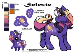 Size: 600x425 | Tagged: safe, artist:dizziness, derpibooru import, oc, oc:soleste, unofficial characters only, pony, unicorn, g1, 2010, chibi, color palette, commission, female, horn, image, looking back, mare, mlp arena, orange eyes, png, raised hoof, reference sheet, simple background, solo, unicorn oc, white background