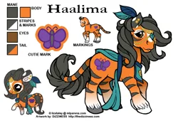 Size: 600x408 | Tagged: safe, artist:dizziness, derpibooru import, oc, oc:haalima, unofficial characters only, big cat, hybrid, original species, pony, tiger, g1, 2010, chibi, clothes, color palette, colored ears, colored hooves, commission, ear piercing, earring, feather, female, gradient legs, image, jewelry, leonine tail, mare, mlp arena, piercing, png, raised hoof, reference sheet, simple background, solo, stripes, tail, tiger pony, unshorn fetlocks, white background