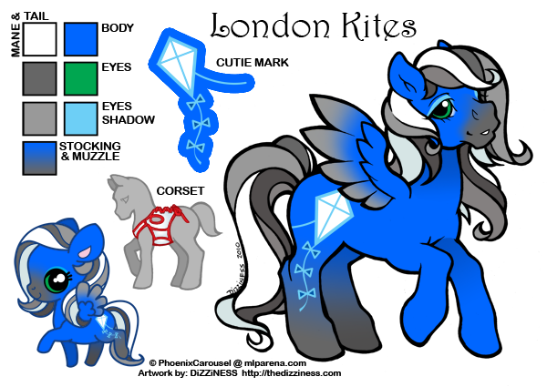 Size: 600x425 | Tagged: safe, artist:dizziness, derpibooru import, oc, oc:london kites, unofficial characters only, pegasus, pony, g1, 2010, chibi, clothes, color palette, colored wings, commission, corset, eyeshadow, female, gradient legs, gradient muzzle, gradient wings, image, makeup, mare, mlp arena, pegasus oc, png, raised hoof, reference sheet, simple background, solo, spread wings, white background, wings