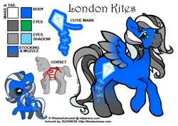 Size: 600x425 | Tagged: safe, artist:dizziness, derpibooru import, oc, oc:london kites, unofficial characters only, pegasus, pony, g1, 2010, chibi, clothes, color palette, colored wings, commission, corset, eyeshadow, female, gradient legs, gradient muzzle, gradient wings, image, makeup, mare, mlp arena, pegasus oc, png, raised hoof, reference sheet, simple background, solo, spread wings, white background, wings