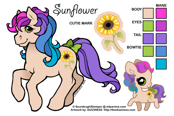 Size: 600x400 | Tagged: safe, artist:dizziness, derpibooru import, oc, oc:sunflower (sourdoughstomper), unofficial characters only, earth pony, pony, g1, 2010, bow, chibi, color palette, commission, earth pony oc, female, image, mare, mlp arena, png, raised hoof, reference sheet, simple background, solo, tail, tail bow, turned head, white background