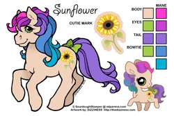 Size: 600x400 | Tagged: safe, artist:dizziness, derpibooru import, oc, oc:sunflower (sourdoughstomper), unofficial characters only, earth pony, pony, g1, 2010, bow, chibi, color palette, commission, earth pony oc, female, image, mare, mlp arena, png, raised hoof, reference sheet, simple background, solo, tail, tail bow, turned head, white background