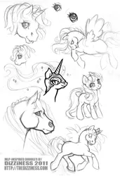Size: 400x586 | Tagged: safe, artist:dizziness, derpibooru import, nightmare moon, alicorn, earth pony, horse, pegasus, pony, unicorn, 2011, bow, doodle, ethereal mane, female, helmet, horn, image, jpeg, mare, profile, sketch, standing, tail, tail bow, trotting, unknown pony