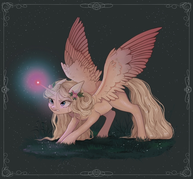 Size: 2160x1998 | Tagged: safe, artist:fridagloria, derpibooru import, oc, oc:cotton candy, unofficial characters only, alicorn, pony, alicorn oc, female, flower, flower in hair, glow, glowing horn, grass, high res, horn, image, jpeg, magic, mare, solo, spread wings, wings