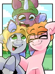 Size: 2304x3072 | Tagged: safe, artist:fraciss, derpibooru import, earth pony, pony, unicorn, g5, adopted offspring, cloud, colt, diggy, eyes closed, ferris, floppy ears, foal, gay, glasses, hat, hoof heart, horn, image, looking down, looking up, male, open mouth, open smile, png, raised hoof, sander, ship:diggysand, shipping, signature, smiling, stallion, trio, underhoof, unshorn fetlocks, upside-down hoof heart