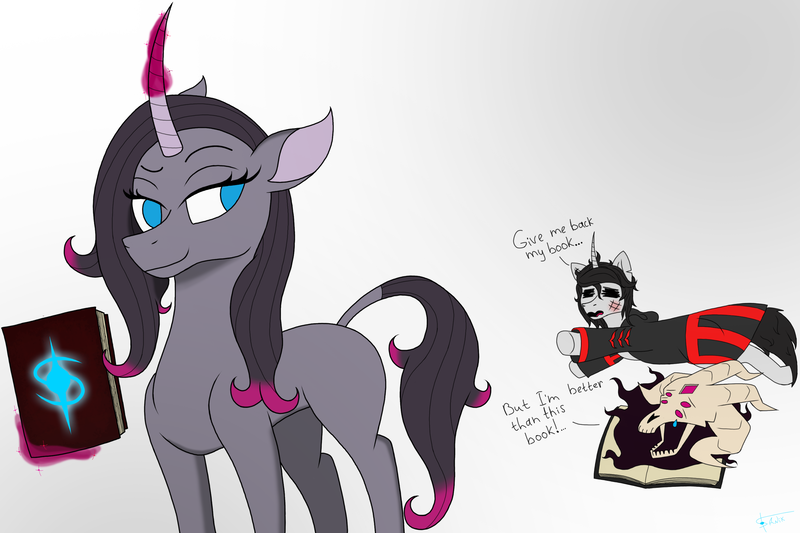 Size: 3000x2000 | Tagged: safe, artist:anix_space, derpibooru import, fhtng th§ ¿nsp§kbl, oleander (tfh), oc, oc:anix, demon, pony, unicorn, them's fightin' herds, book, community related, horn, image, png