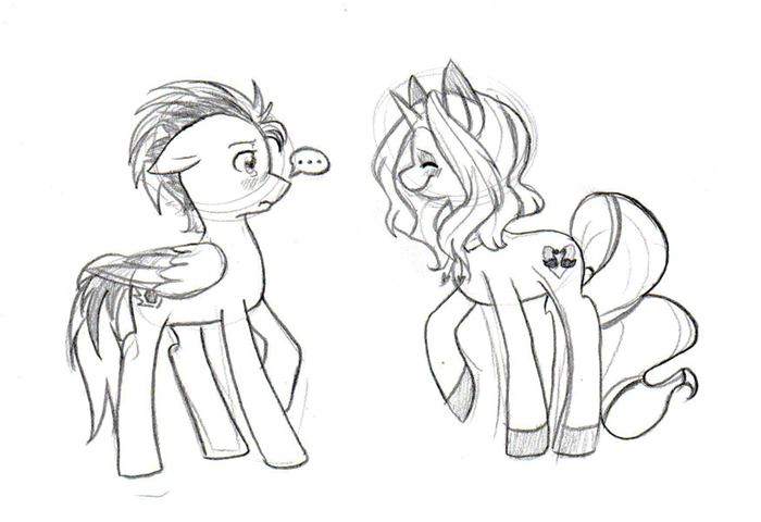 Size: 700x480 | Tagged: safe, artist:ruhiana, derpibooru import, oc, oc:comet chaser, oc:romancedy, pegasus, pony, unicorn, female, horn, image, male, mare, monochrome, png, stallion, tumblr:miss romancedy