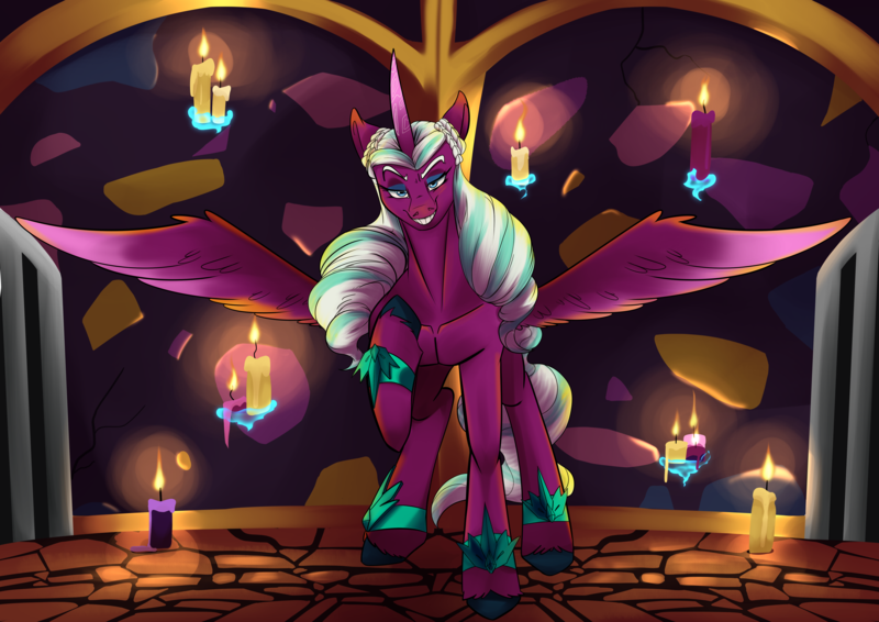 Size: 4961x3508 | Tagged: safe, artist:mekblue, derpibooru import, alicorn, pony, g5, candle, collarbone, commission, dungeon, evil grin, female, gate, grin, image, indoors, looking at you, magic, mare, opaline arcana, opaline's dark castle, png, smiling, solo, spread wings, sternocleidomastoid, telekinesis, unshorn fetlocks, wings