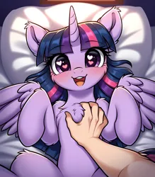 Size: 3320x3792 | Tagged: safe, ai content, derpibooru import, machine learning generated, prompter:midnightdashie, stable diffusion, twilight sparkle, alicorn, human, pony, bed, belly, bellyrubs, blushing, chest fluff, ear fluff, female, fluffy, g4, generator:pony diffusion v6 xl, hand, heart, heart eyes, high res, horn, human on pony petting, image, jpeg, looking at you, lying down, offscreen character, offscreen human, on back, petting, sexy, smiling, smiling at you, solo, spread arms, spread legs, spreading, teeth, wingding eyes